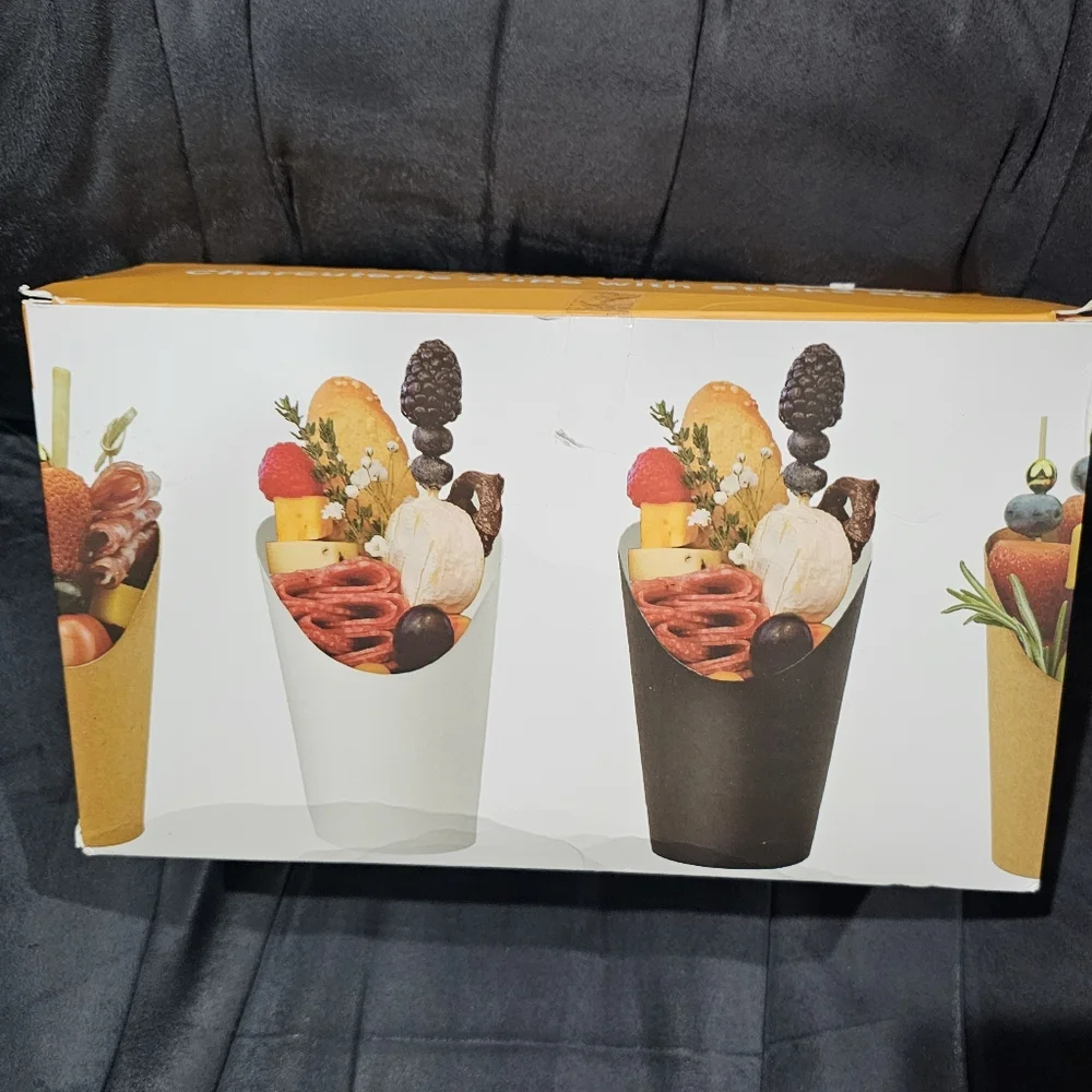 Elegant Gold and White Charcuterie Party Skewer Set Cups Picks Bags Ties